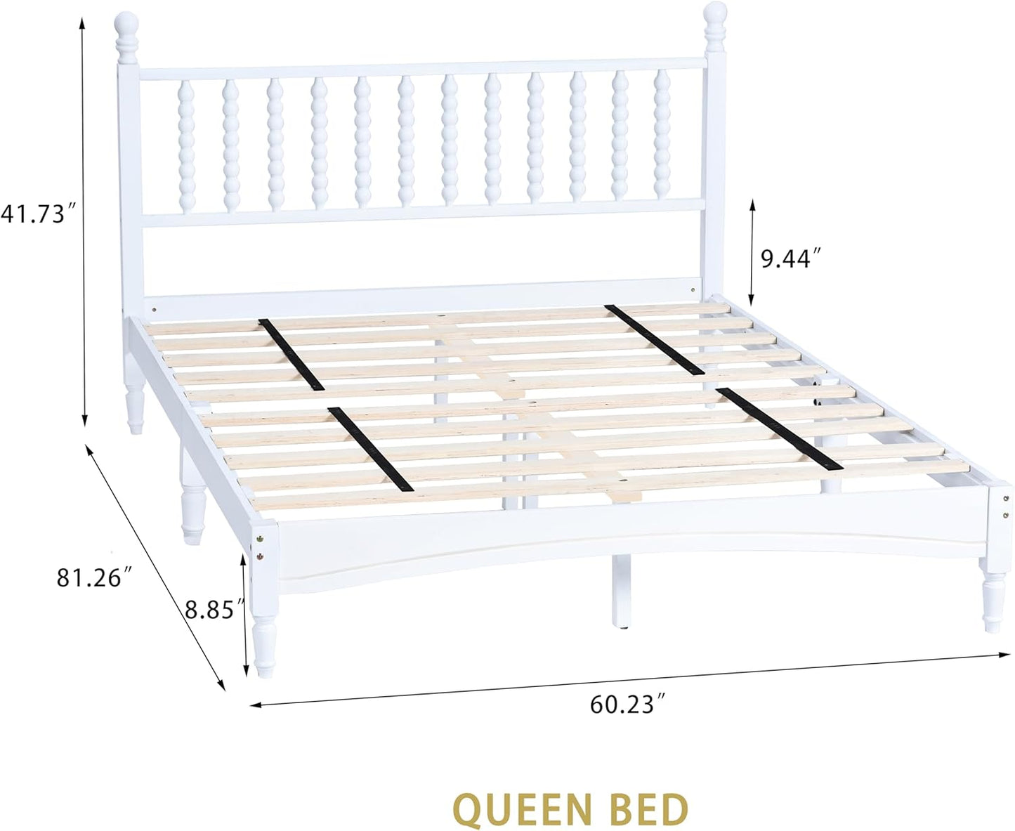 Queen Size Solid Wood Bed Frame with Headboard – White, Rubberwood, 1000lb Capacity