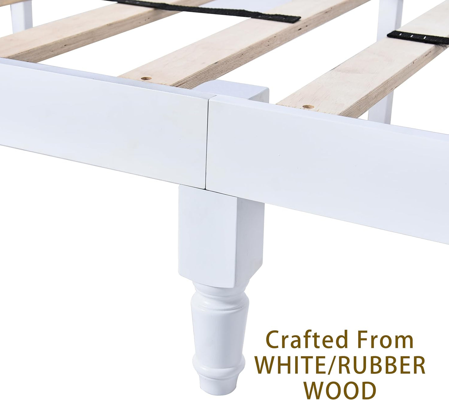 Queen Size Upholstered Wood Bed Frame – White, Solid Rubberwood, 1000lb Capacity