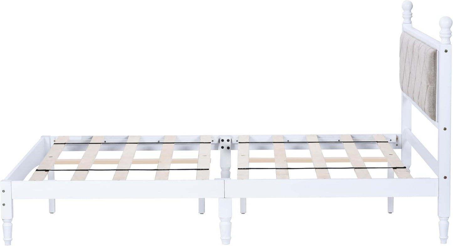 Full Size Upholstered Wood Bed Frame – White, Solid Rubberwood, 1000lb Capacity