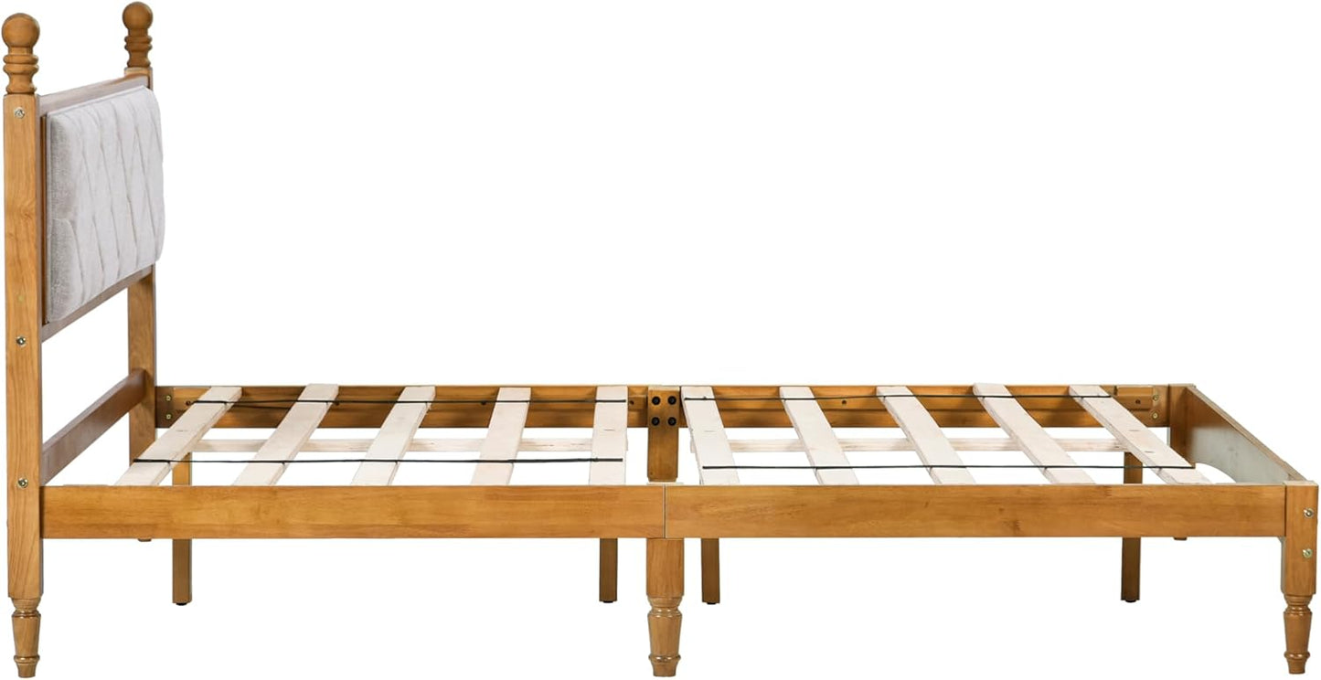 Full Size Upholstered Wood Bed Frame – Rustic Oak, Solid Rubberwood, 1000lb Capacity