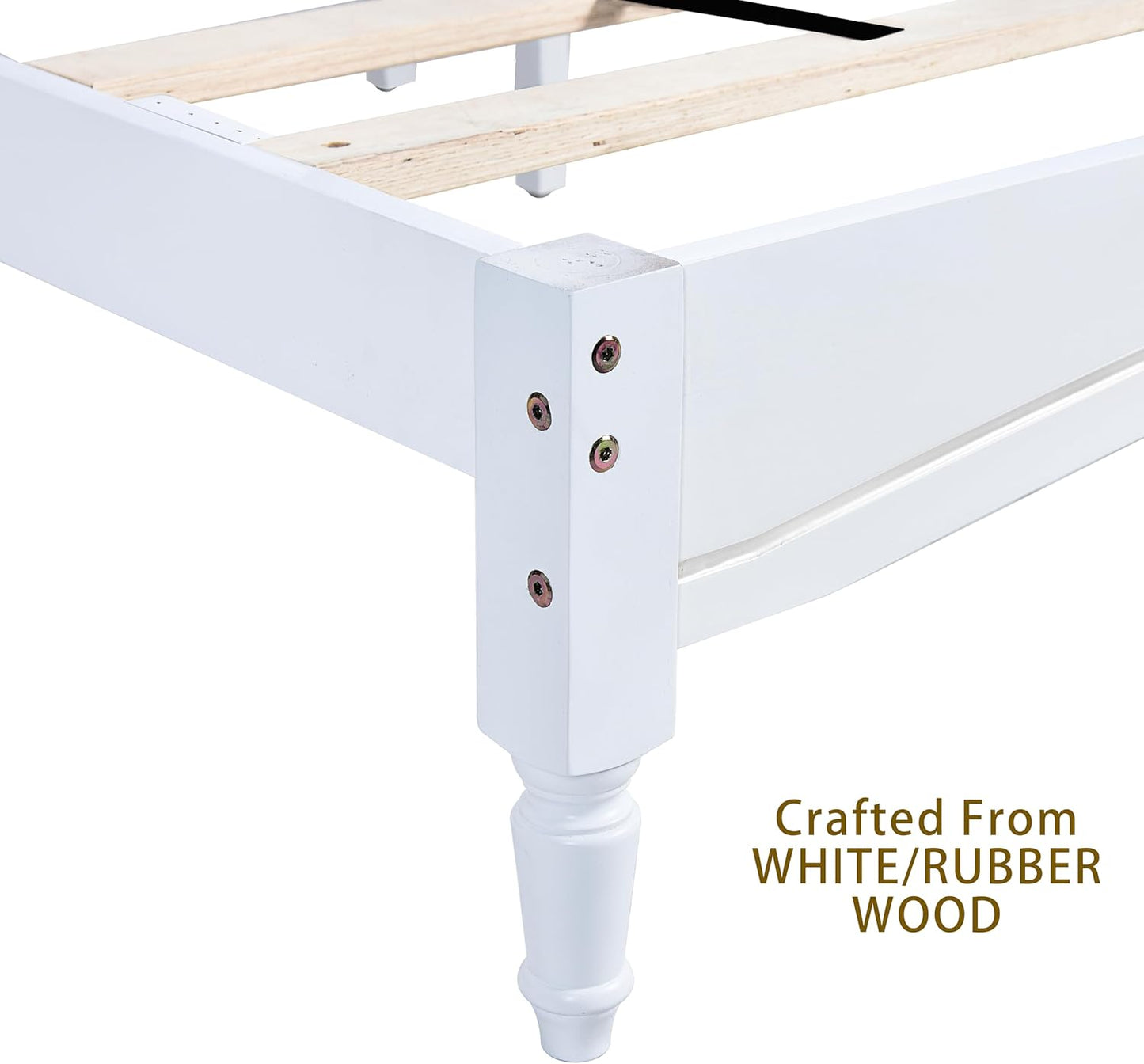 Full Size Upholstered Wood Bed Frame – White, Solid Rubberwood, 1000lb Capacity