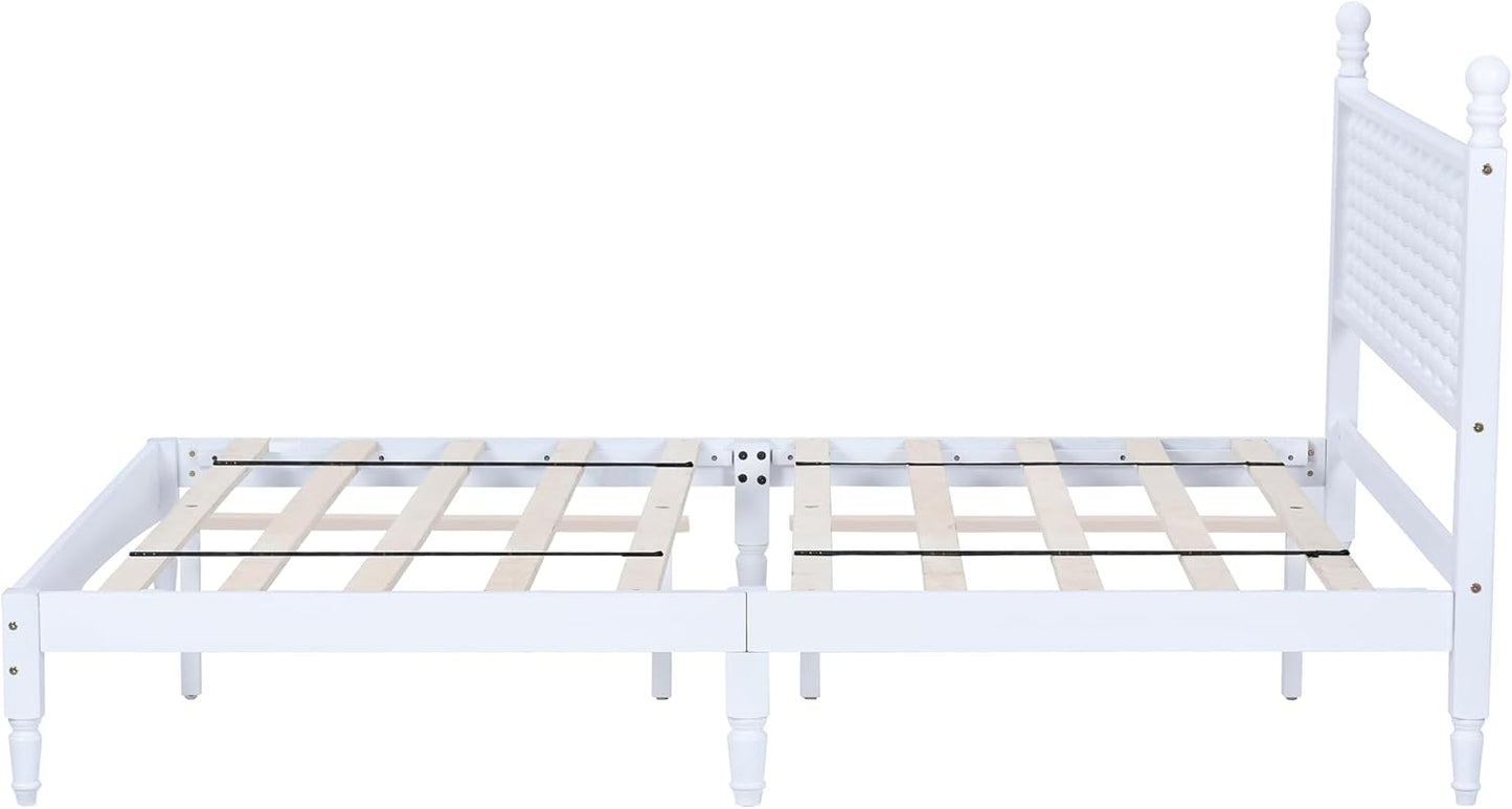 Queen Size Solid Wood Bed Frame with Headboard – White, Rubberwood, 1000lb Capacity