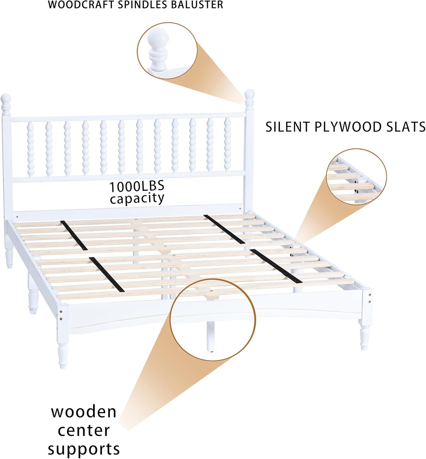 Queen Size Solid Wood Bed Frame with Headboard – White, Rubberwood, 1000lb Capacity