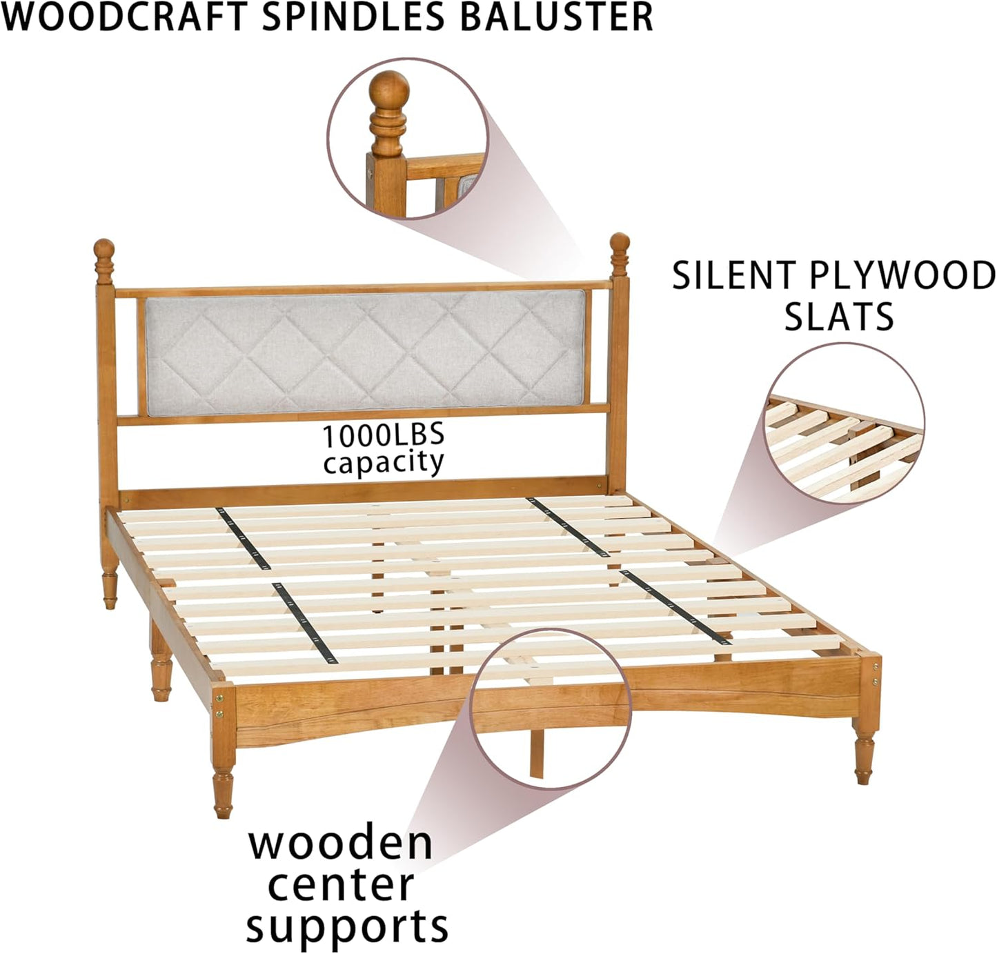 Full Size Upholstered Wood Bed Frame – Rustic Oak, Solid Rubberwood, 1000lb Capacity