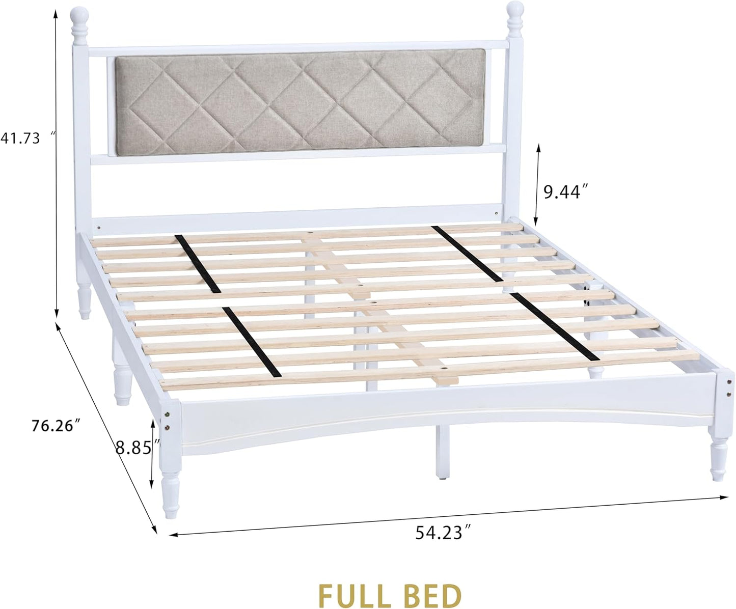 Full Size Upholstered Wood Bed Frame – White, Solid Rubberwood, 1000lb Capacity
