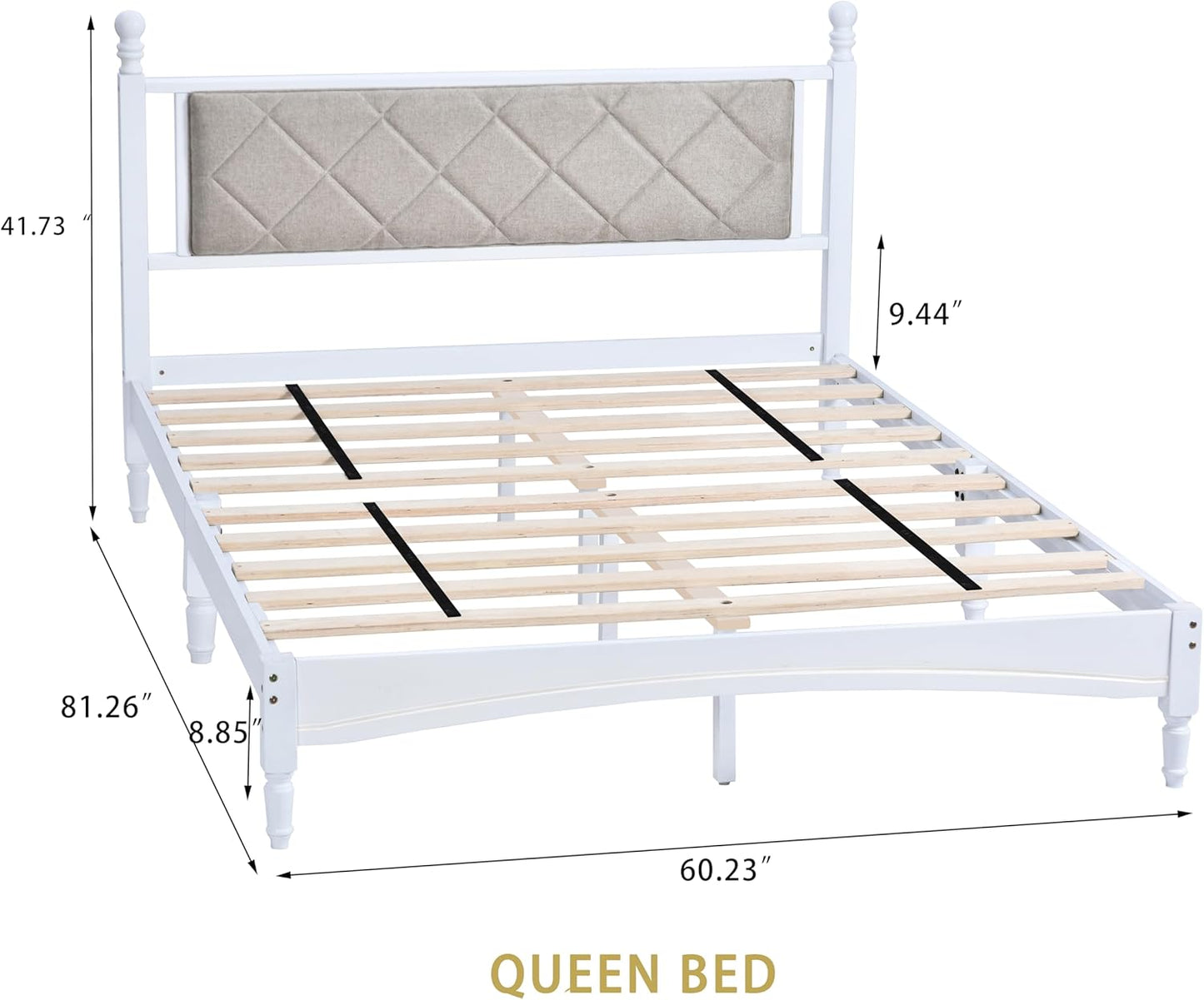 Queen Size Upholstered Wood Bed Frame – White, Solid Rubberwood, 1000lb Capacity