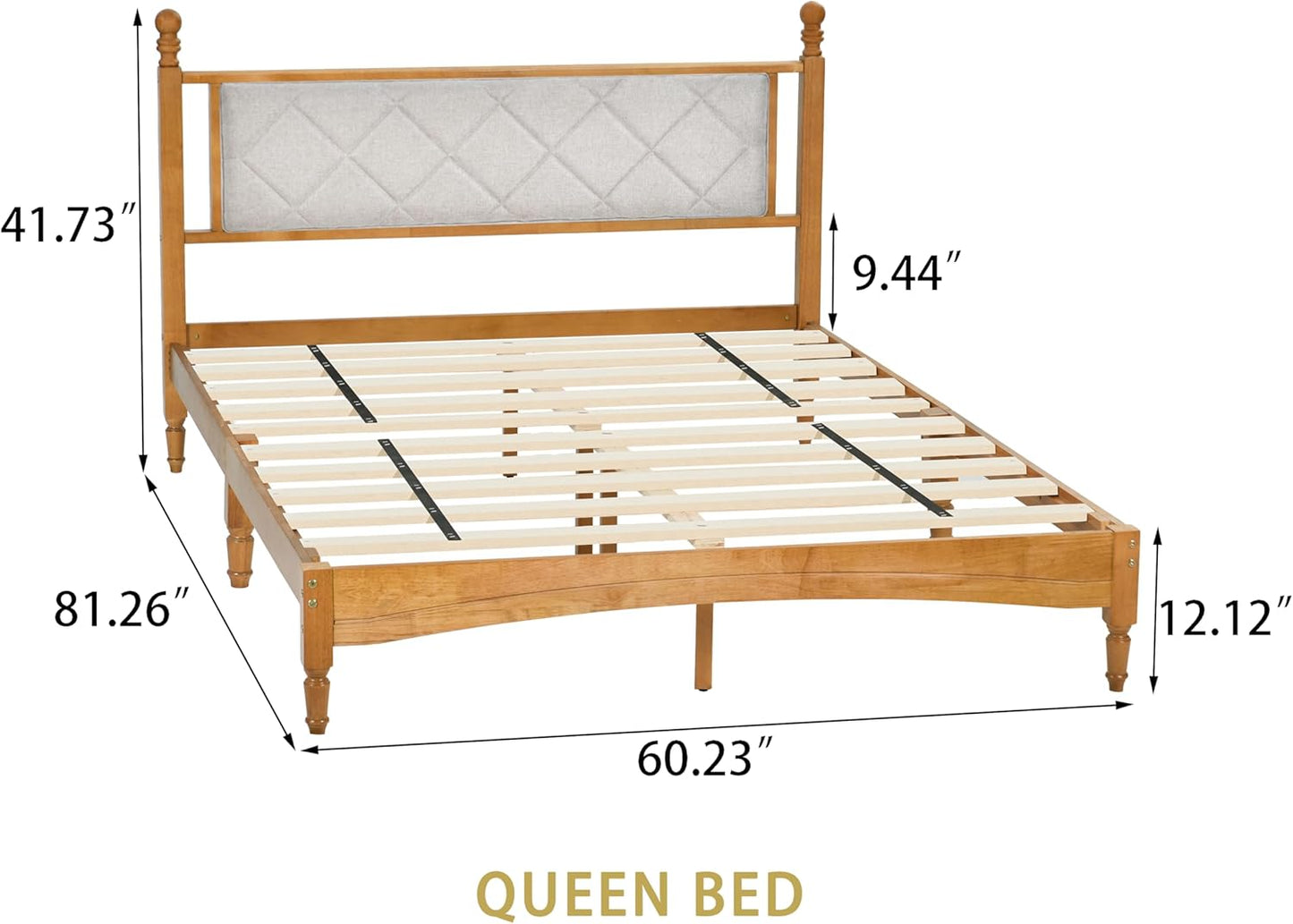 Queen Size Upholstered Wood Bed Frame – Rustic Oak, Solid Rubberwood, 1000lb Capacity