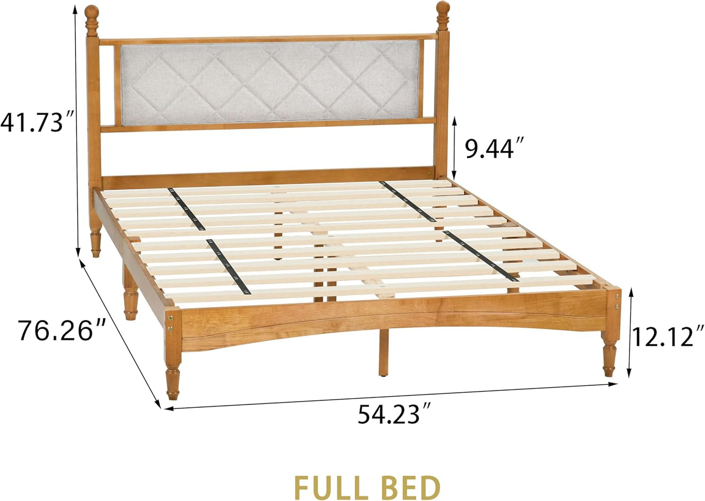 Full Size Upholstered Wood Bed Frame – Rustic Oak, Solid Rubberwood, 1000lb Capacity