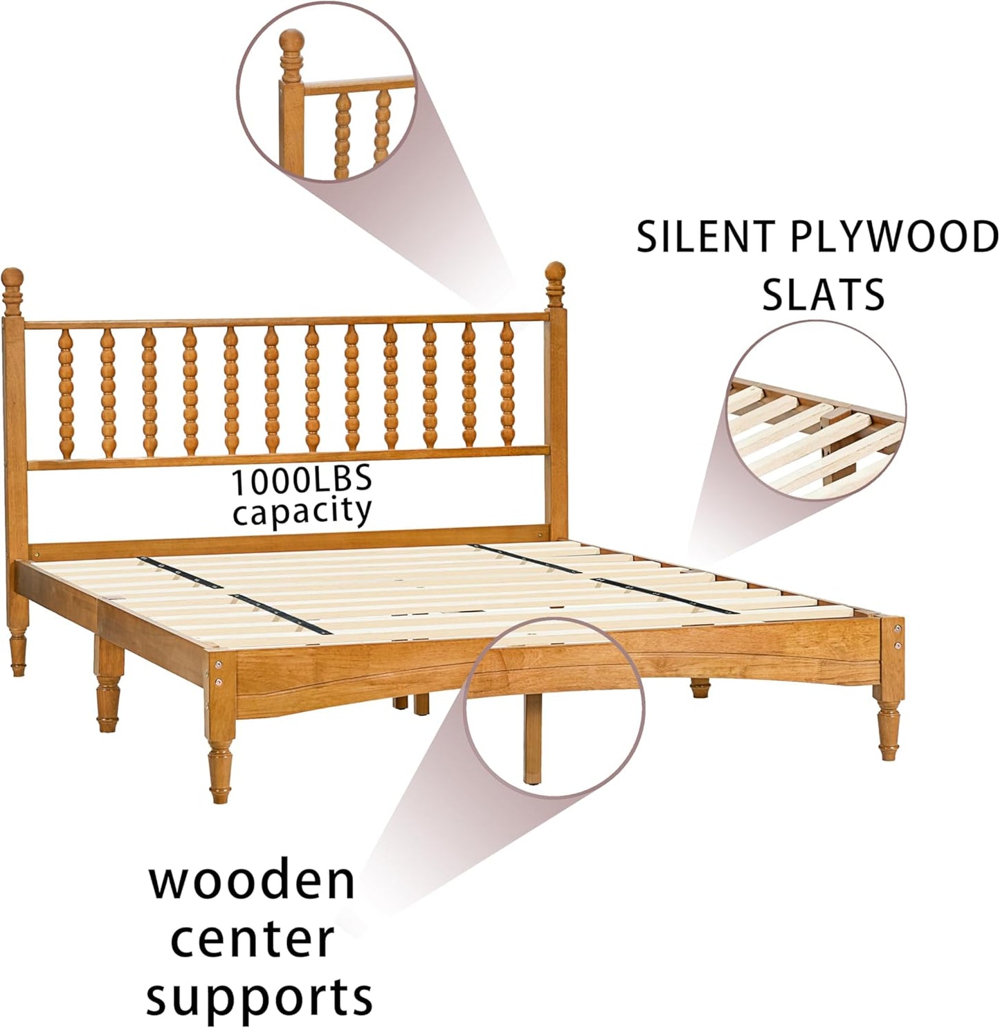 Queen Size Solid Wood Bed Frame with Headboard – Rubberwood, 1000lb Capacity