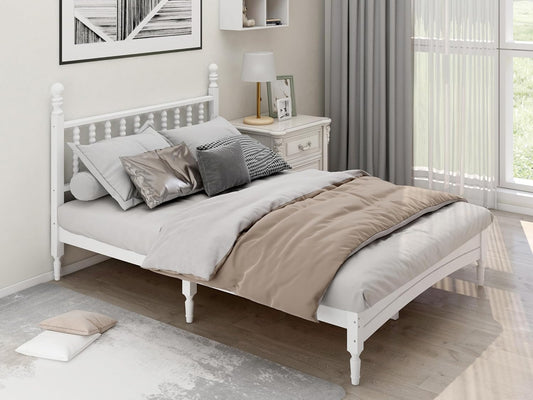 Queen Size Solid Wood Bed Frame with Headboard – White, Rubberwood, 1000lb Capacity