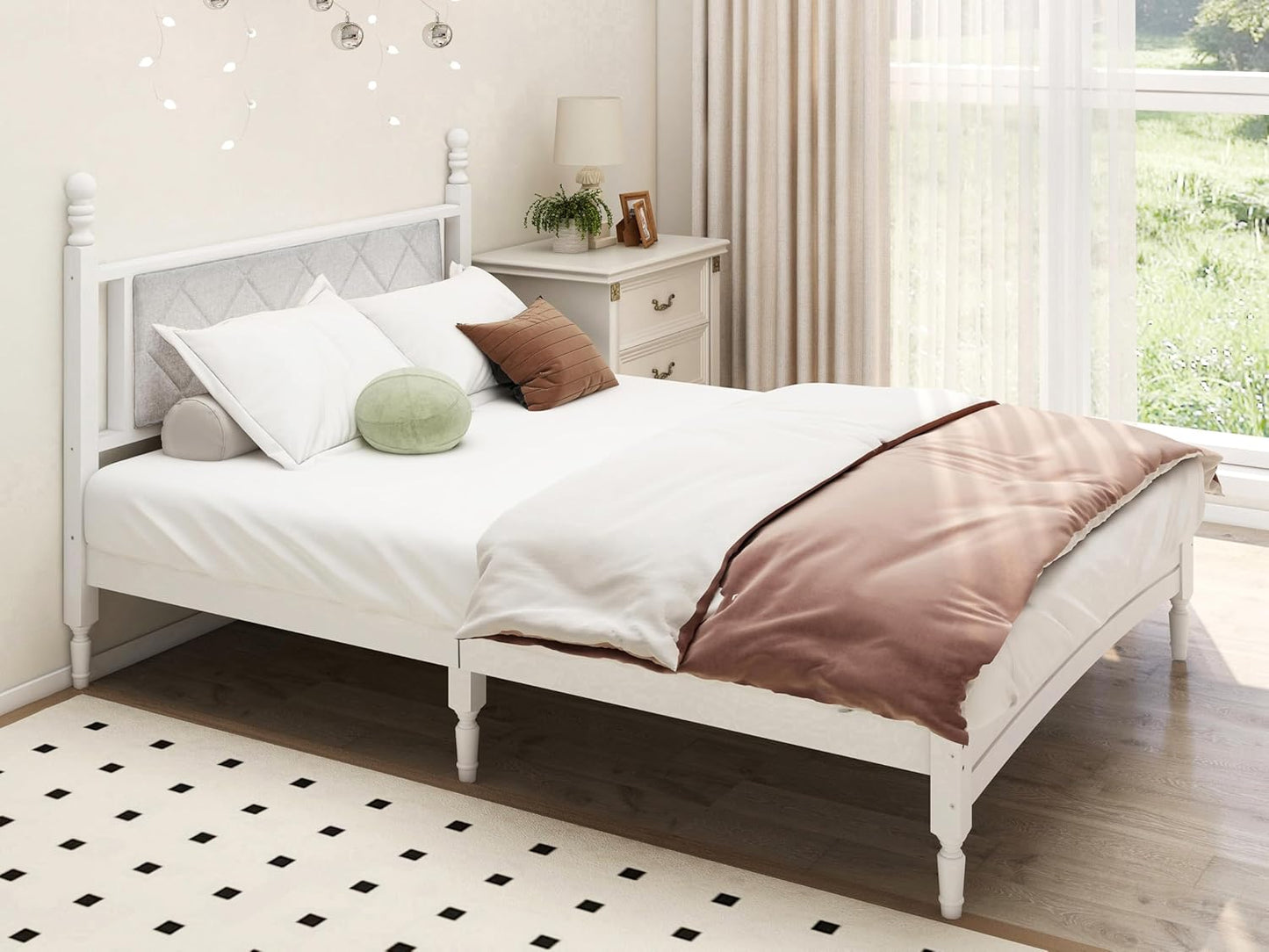 Full Size Upholstered Wood Bed Frame – White, Solid Rubberwood, 1000lb Capacity