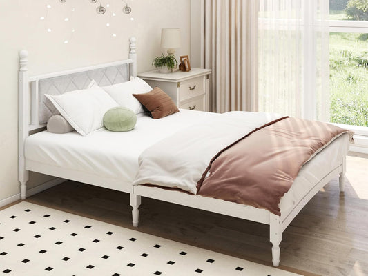 Full Size Upholstered Wood Bed Frame – White, Solid Rubberwood, 1000lb Capacity