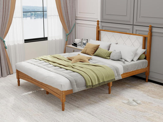 Full Size Upholstered Wood Bed Frame – Rustic Oak, Solid Rubberwood, 1000lb Capacity